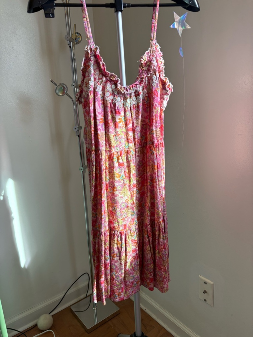 NATURAL LIFE Harley Embroidered Mini Dress Leafy Pink Floral Tiered M Medium